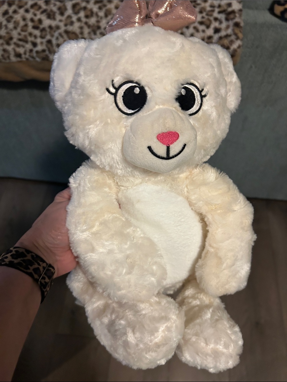 Cream Plush Bear with Pink Bow - Soft Huggable Stuffed Animal